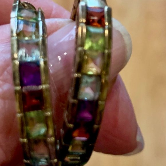 Gold over Sterling Multi Stone Hoop Earrings - Picture 1 of 4